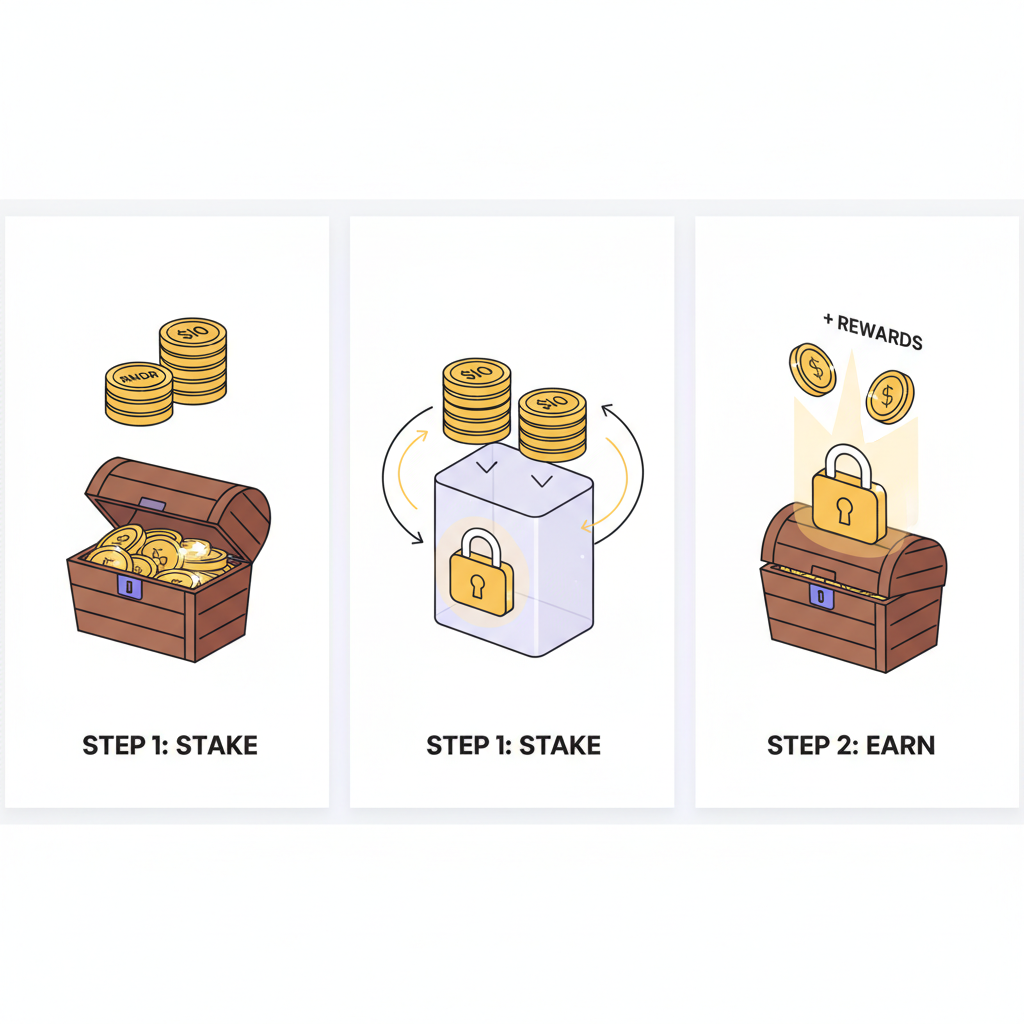 Golden cryptocurrency tokens $IO and RNDR stacking up, staking mechanism with glowing locks, treasure chest vibe