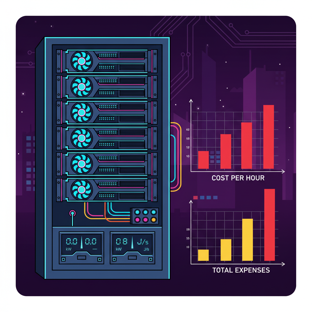 server rack with glowing GPUs, power meters and cost charts, cyberpunk style