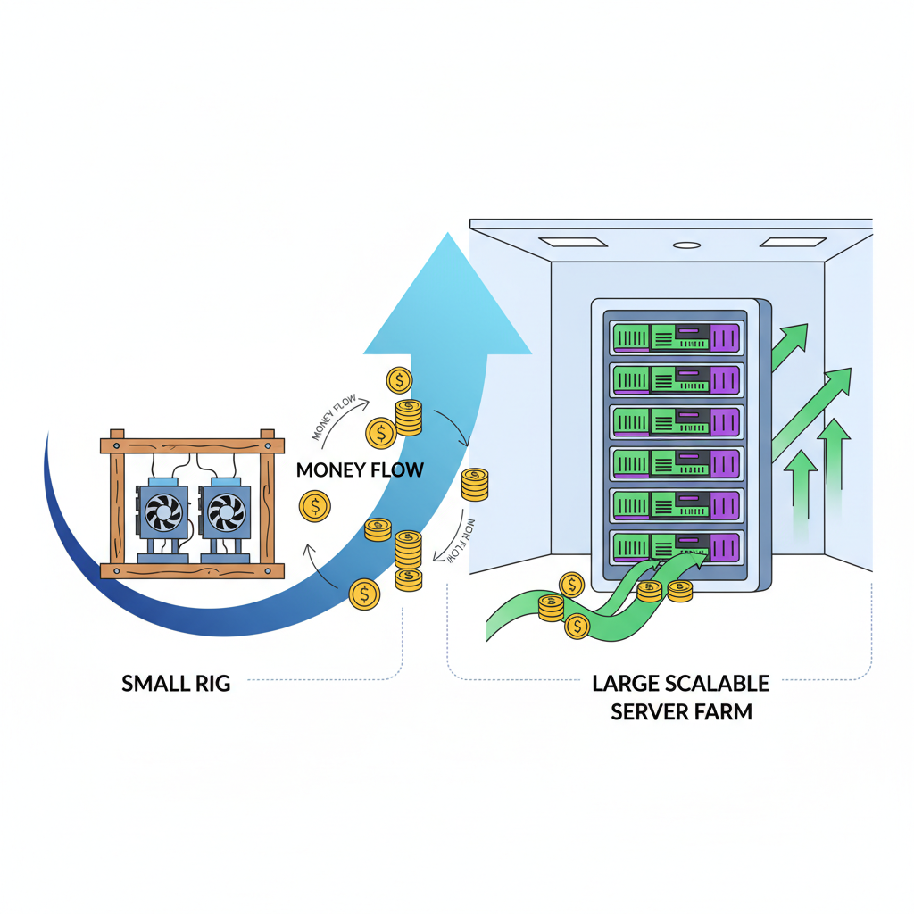 Expanding GPU fleet from small rig to large scalable server farm, growth arrows, money flow visuals