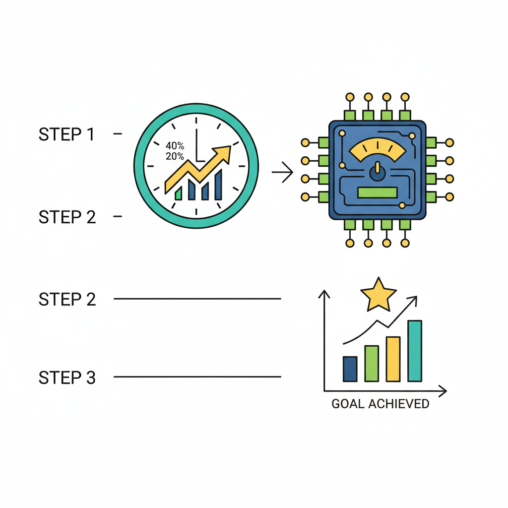 Clock with upward graph arrow, GPU running non-stop with power efficiency meters, motivational success chart