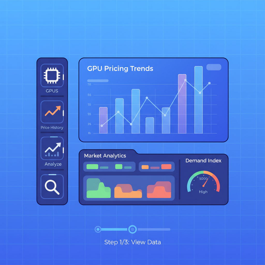 Sleek dashboard interface showing GPU pricing charts, dynamic graphs, holographic market analytics display